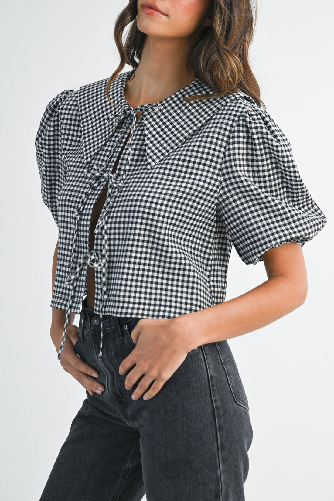 Gingham Puff Sleeve Tie-Front Cropped Blouse