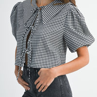 Gingham Puff Sleeve Tie-Front Cropped Blouse