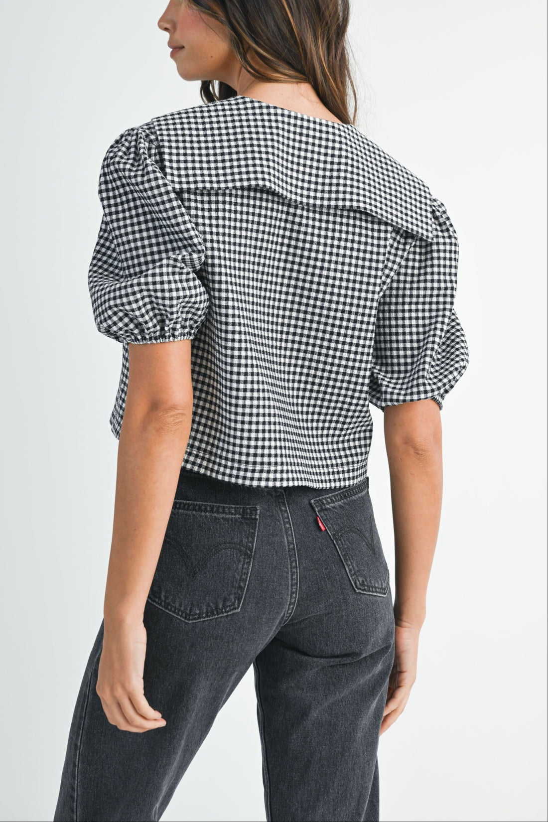 Gingham Puff Sleeve Tie-Front Cropped Blouse