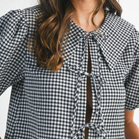 Gingham Puff Sleeve Tie-Front Cropped Blouse