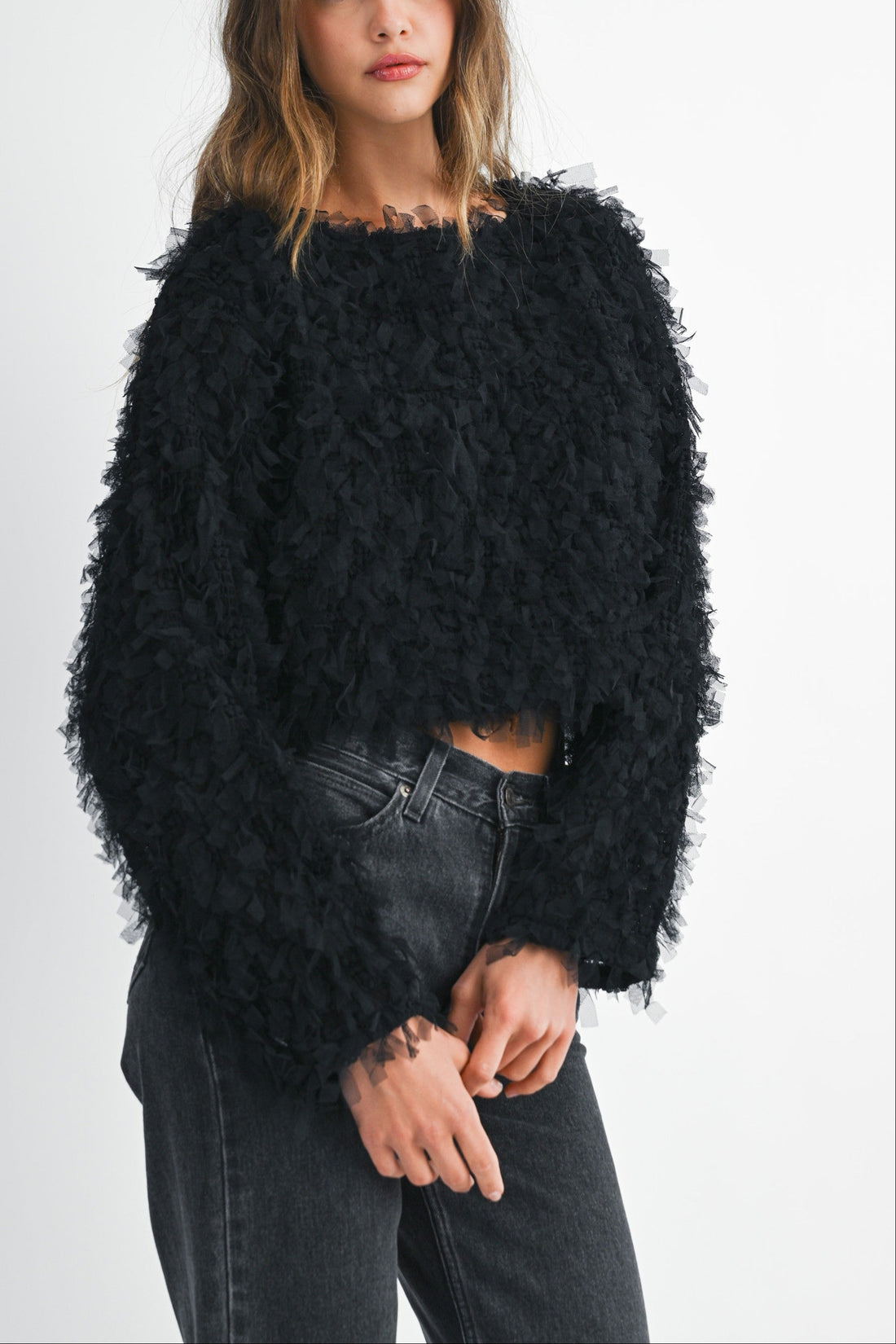 Textured Fringe Long Sleeve Cropped Top