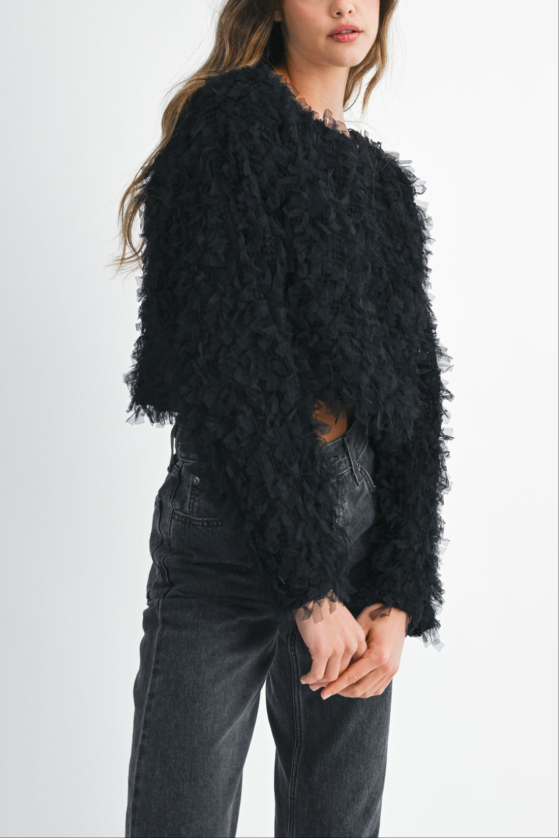 Textured Fringe Long Sleeve Cropped Top