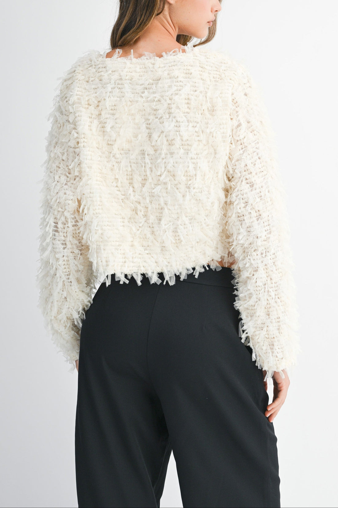 Textured Fringe Long Sleeve Cropped Top
