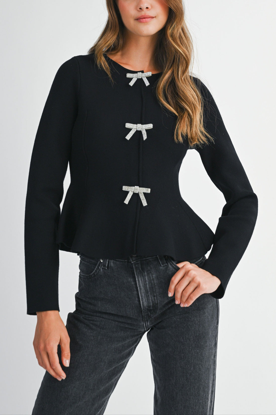 Jewel Bow Peplum Knit Top