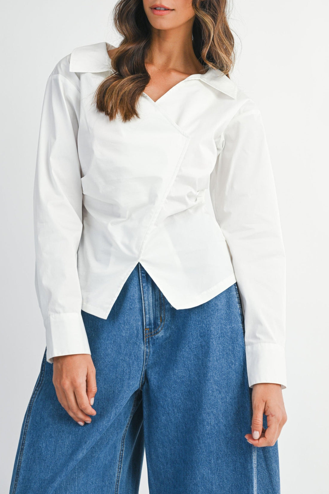 Asymmetric Wrap Blouse with Wide Collar