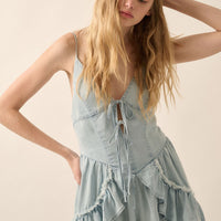 Light Denim Ruffle Tie-Front Romper
