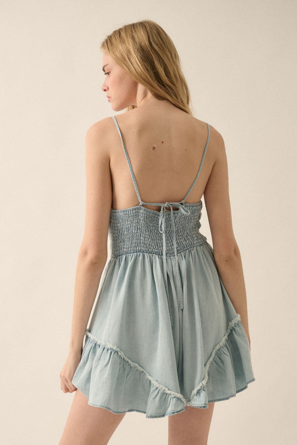 Light Denim Ruffle Tie-Front Romper