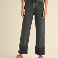 Cuffed Bottom Black Denim Pants
