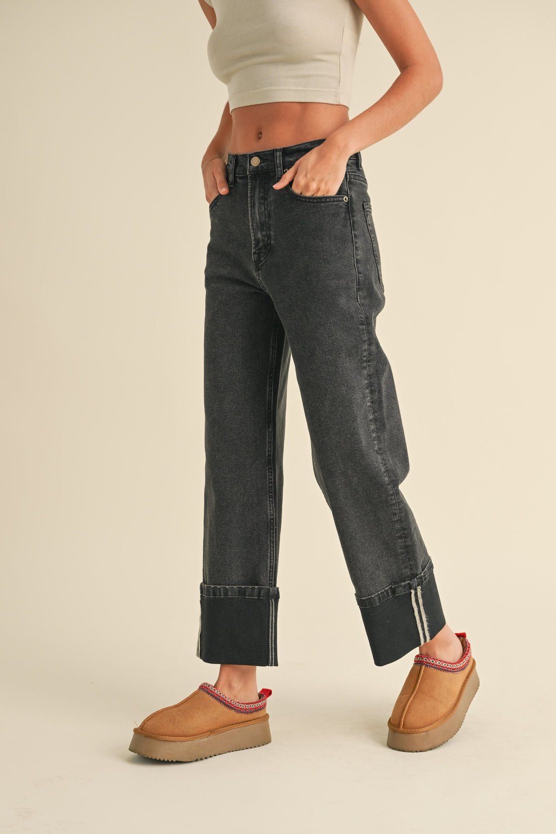 Cuffed Bottom Black Denim Pants