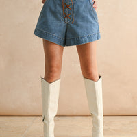 Suede Lace-Up Denim Shorts