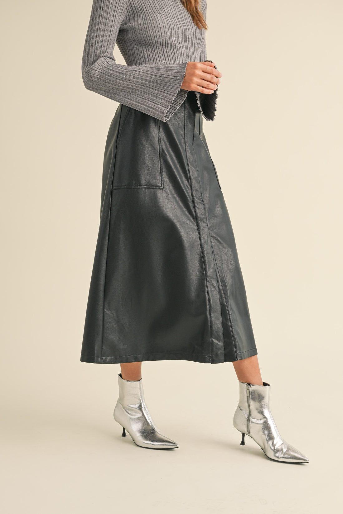 Front Slit A line Maxi Pleather Skirt
