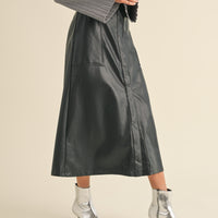 Front Slit A line Maxi Pleather Skirt