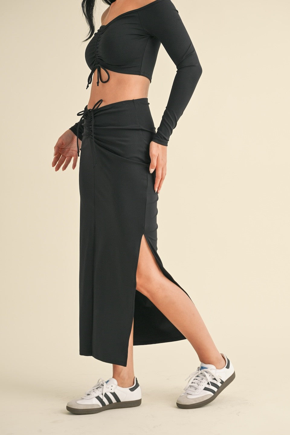 Ruched Side Slit Maxi Skirt