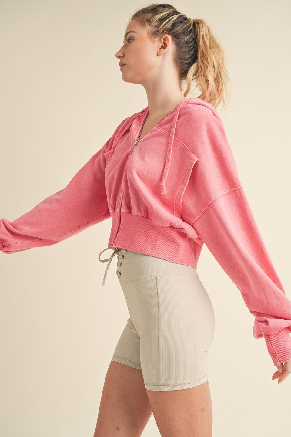 Mineral Washed Zip Up Cropped Hoodie