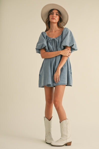 Puff Sleeve Babydoll Denim Romper