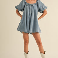 Puff Sleeve Babydoll Denim Romper