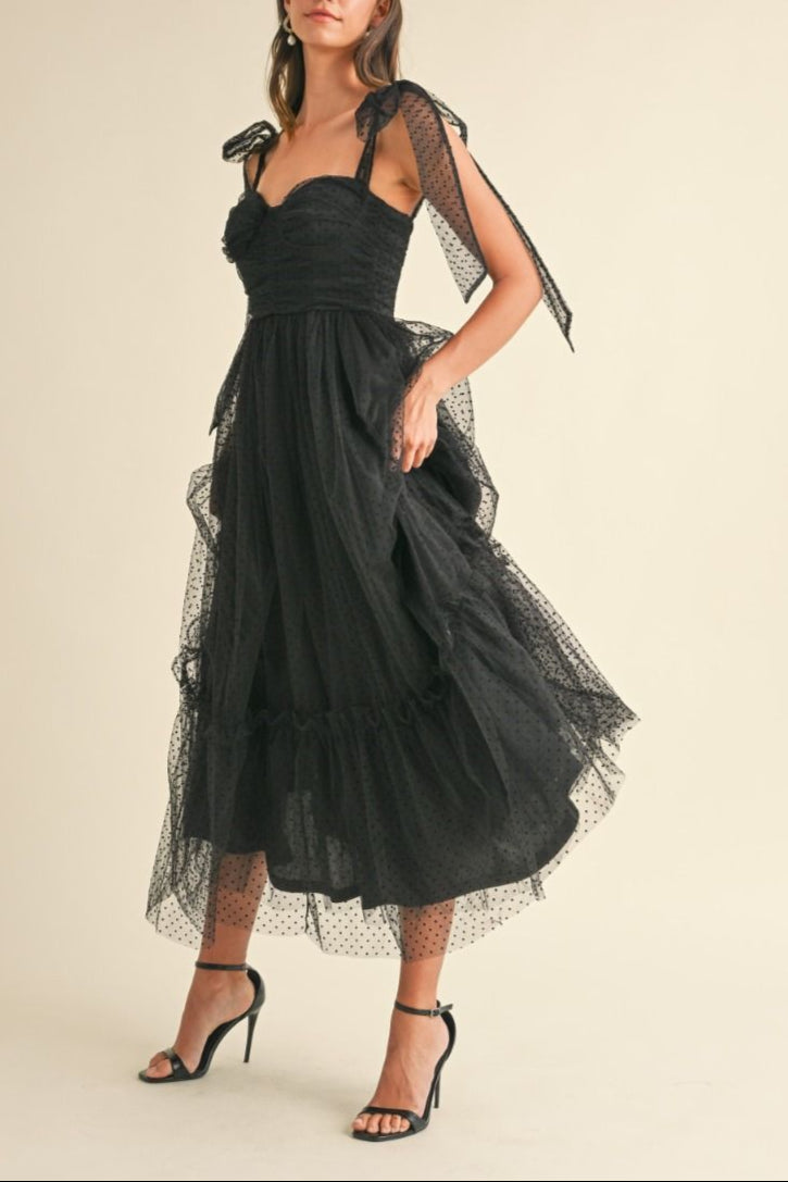 Polka Dot Mesh Tie Shoulder Midi Dress