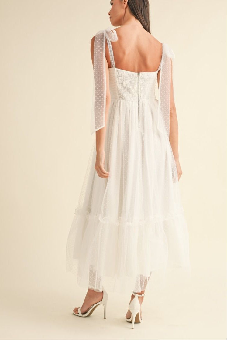 Polka Dot Mesh Tie Shoulder Midi Dress