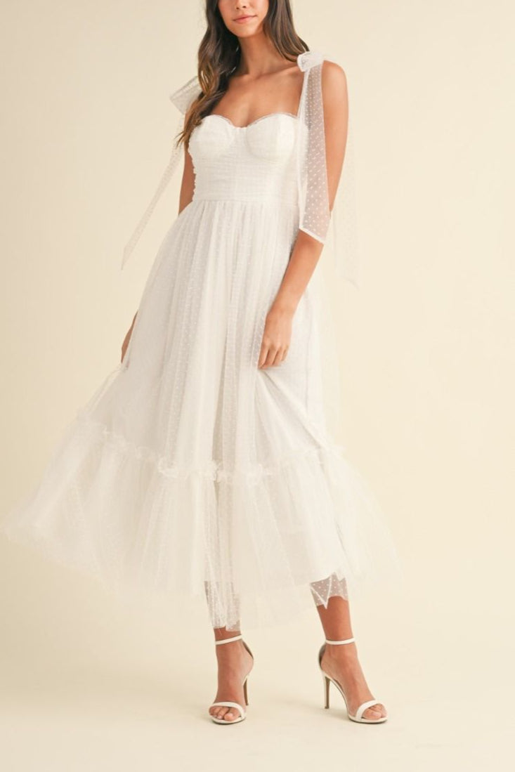 Polka Dot Mesh Tie Shoulder Midi Dress