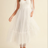 Polka Dot Mesh Tie Shoulder Midi Dress